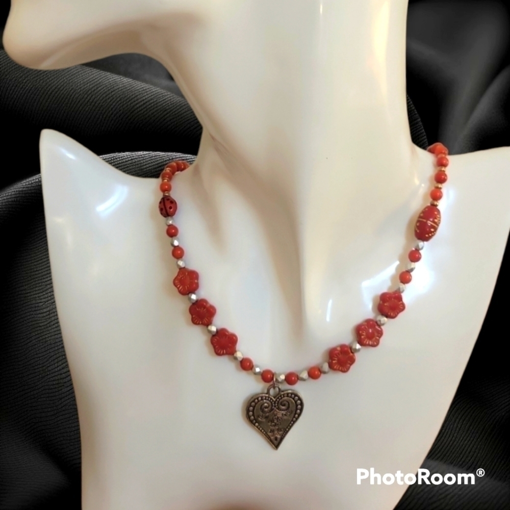 HANDMADE Tomato Red Floral Ladybug Czech Glass Jade Beaded Fairycore Necklace